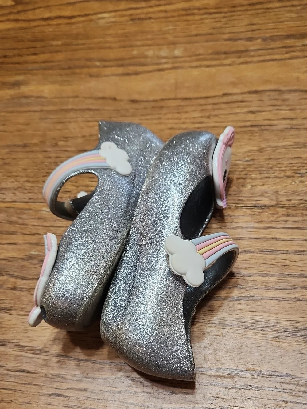 Mini Melissa. Girls Mary Janr Silver Glitter Unicorn Size 7 Or 7.5